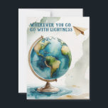 Watercolor Globe Art - Wherever You Go Postcard<br><div class="desc">Realistic watercolor illustration of a globe with continents and oceans in fine detail, accompanied by a delicate paper airplane. Set against a soft off-white background, this serene travel-inspired artwork features the calming quote: "Wherever You Go, Go with Lightness." Perfect for dreamers, travelers, and gentle souls. Ideal for wall art, notebooks,...</div>