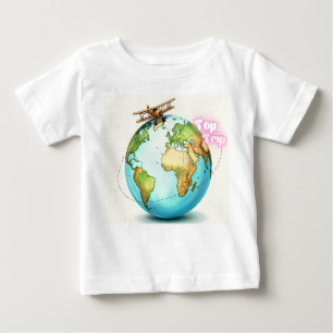 Watercolor Globe Journey – Vintage Biplane Adventu Baby T-Shirt