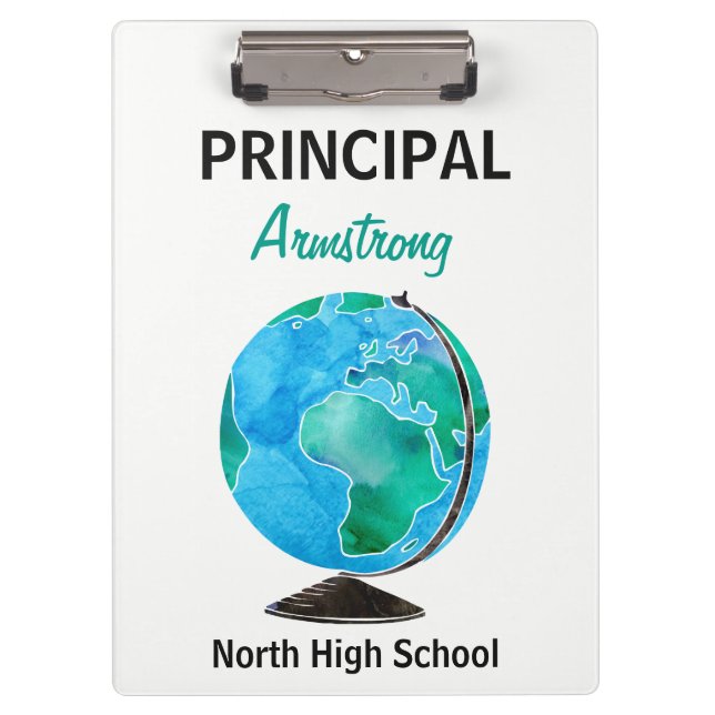 Watercolor Globe Personalised School Principal Clipboard (Front)