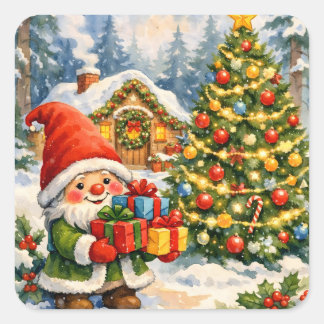 Watercolor Gnome and Christmas Tree Square Sticker