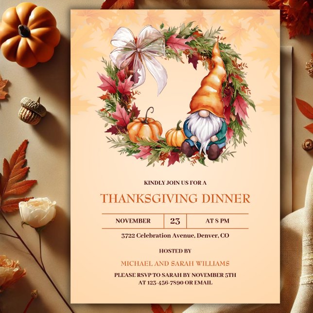Watercolor Gnome Autumn Wreath Thanksgiving Dinner Invitation (Watercolor Cute Gnome Autumn Wreath Thanksgiving Dinner Invitation)