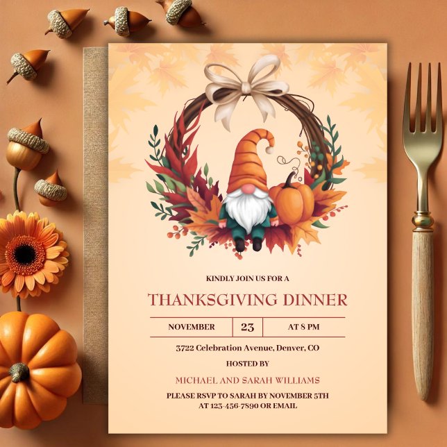 Watercolor Gnome Fall Wreath Thanksgiving Dinner Invitation (Watercolor Gnome Fall Wreath Thanksgiving Dinner Invitation)