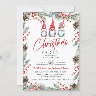 Watercolor Gnome Holly Berry Christmas Party Invitation
