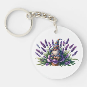 Watercolor Gnome & Purple Flowers Key Ring