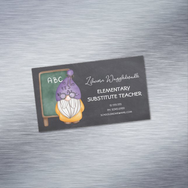 Watercolor Gnome Teacher Chalkboard Background Magnetic Business Card (In Situ)