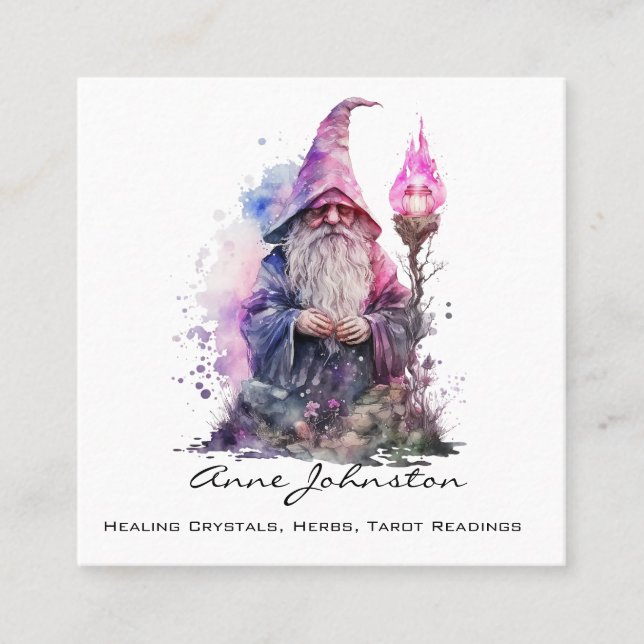 Watercolor Gnome Wizard Purple and Black Square Business Card (Front)