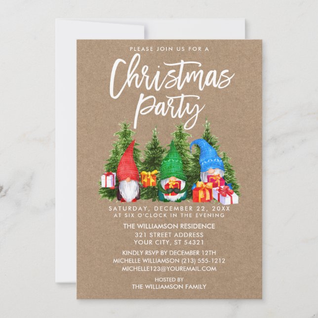 Watercolor Gnomes Christmas Party Kraft Invitation (Front)