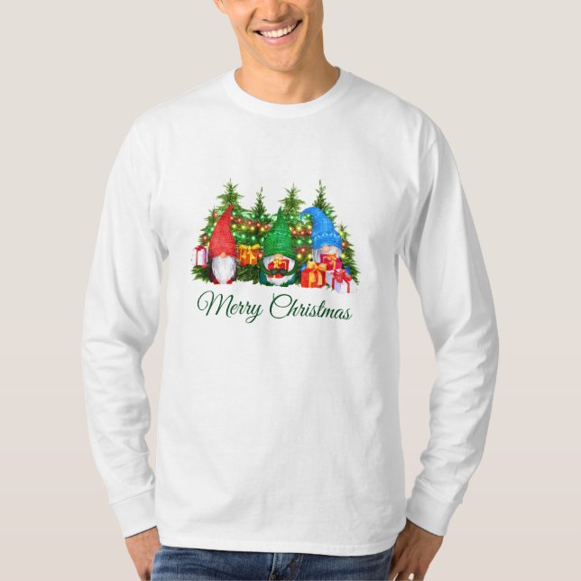 Watercolor Gnomes Green Merry Christmas Long T-Shirt (Front)