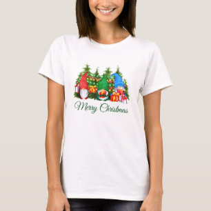 Watercolor Gnomes Green Merry Christmas W T-Shirt