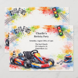 Watercolor Go Kart Boy Birthday Party Invitation