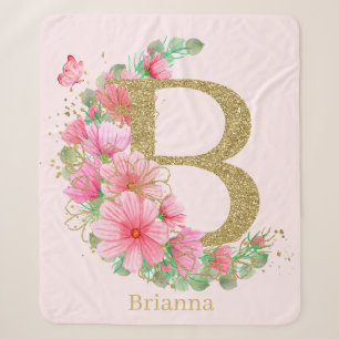 Watercolor Gold and Floral Monogram Letter B Sherpa Blanket