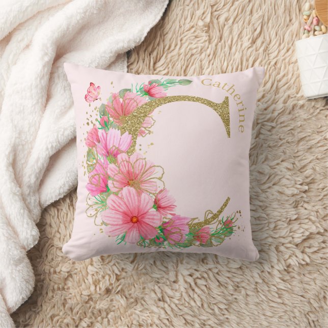 Watercolor Gold and Floral Monogram Letter C Cushion (Blanket)