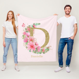 Watercolor Gold and Floral Monogram Letter D Fleece Blanket