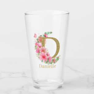 Watercolor Gold and Floral Monogram Letter D Glass