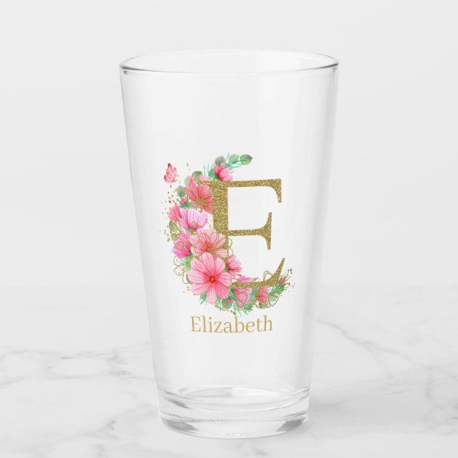 Watercolor Gold and Floral Monogram Letter E Glass (Front)