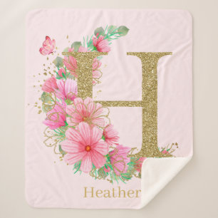 Watercolor Gold and Floral Monogram Letter H Sherpa Blanket