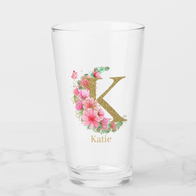 Watercolor Gold and Floral Monogram Letter K Glass (Front)