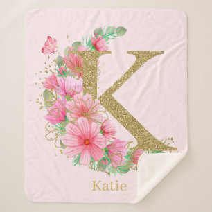 Watercolor Gold and Floral Monogram Letter K Sherpa Blanket