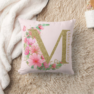 Watercolor Gold and Floral Monogram Letter M Cushion