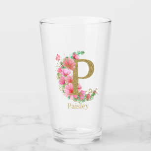 Watercolor Gold and Floral Monogram Letter P Glass