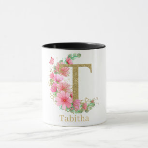 Watercolor Gold and Floral Monogram Letter T Mug