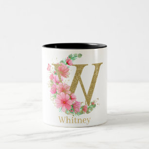 Watercolor Gold and Floral Monogram Letter W Two-Tone Coffee Mug