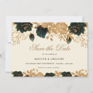 Watercolor Gold And Green Roses Save The Date Invitation