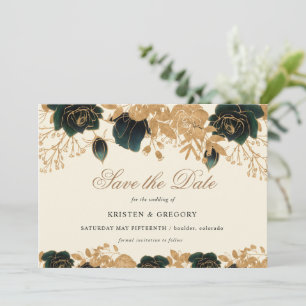 Watercolor Gold And Green Roses Save The Date Invitation