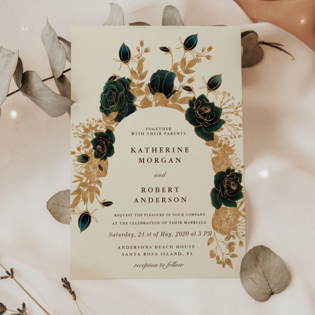 Watercolor Gold and Green Roses Wedding Invitation (Creator Uploaded)