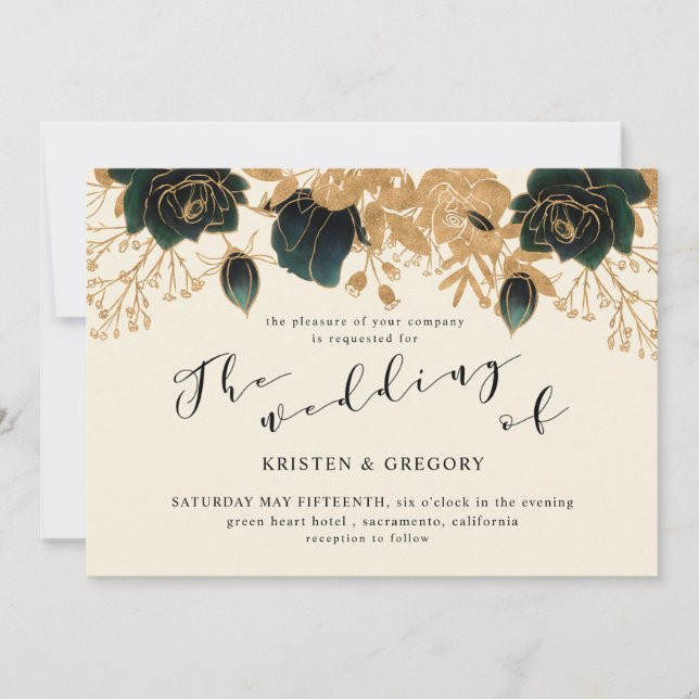 Watercolor Gold and Green Roses Wedding Invitation (Front)