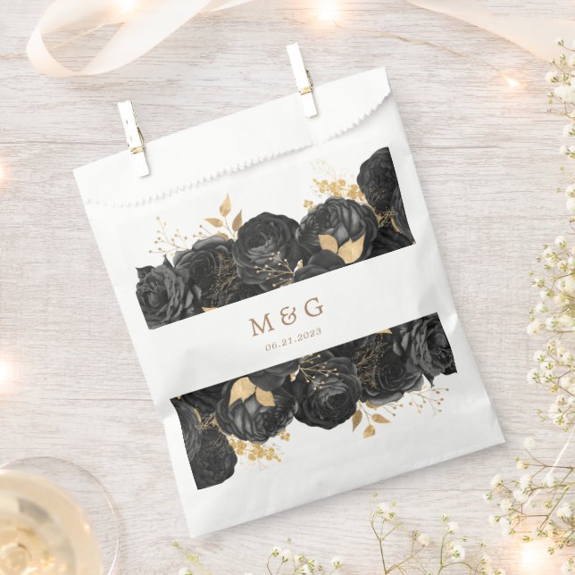 Watercolor Gold Black Roses Monogram Wedding Favour Bags (Clipped)