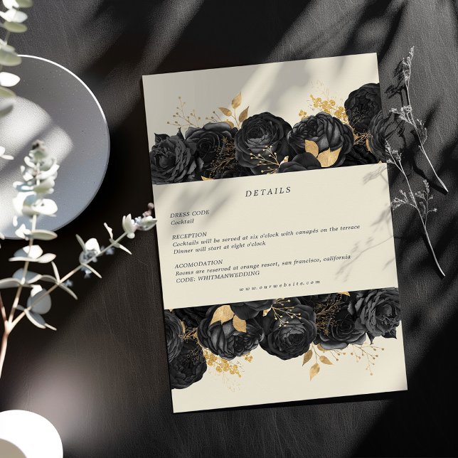 Watercolor Gold Black Roses Reception Details Card (Creator Uploaded)