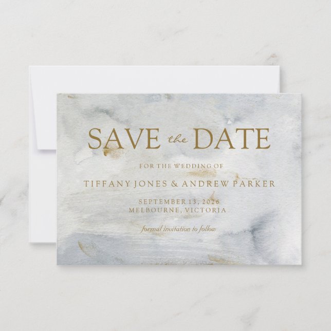 Watercolor Gold Blue Marble Wedding Save The Date (Front)
