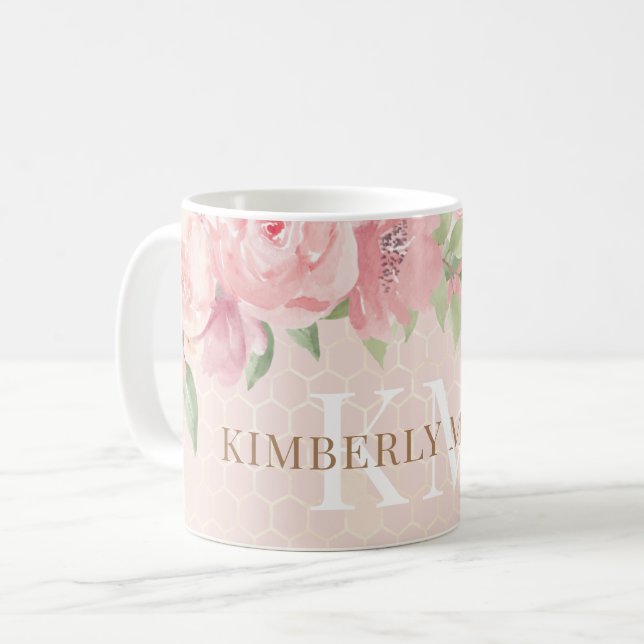 Watercolor Gold Blush Pink Floral Monogram Coffee Mug (Front Left)