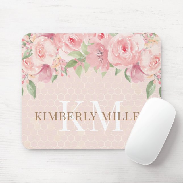 Watercolor Gold Blush Pink Floral Monogram Mouse Pad (With Mouse)