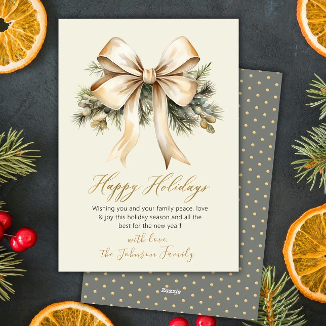 Watercolor Gold Bow Foliage Beige Christmas Holiday Card (Creator Uploaded)