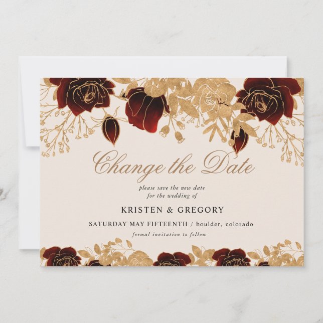 Watercolor Gold Burgundy Roses Change The Date Invitation (Front)