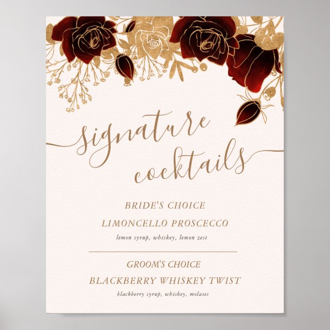 Watercolor Gold Burgundy Roses Cocktail Sign (Front)