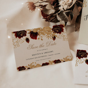Watercolor Gold Burgundy Roses Save The Date Invitation
