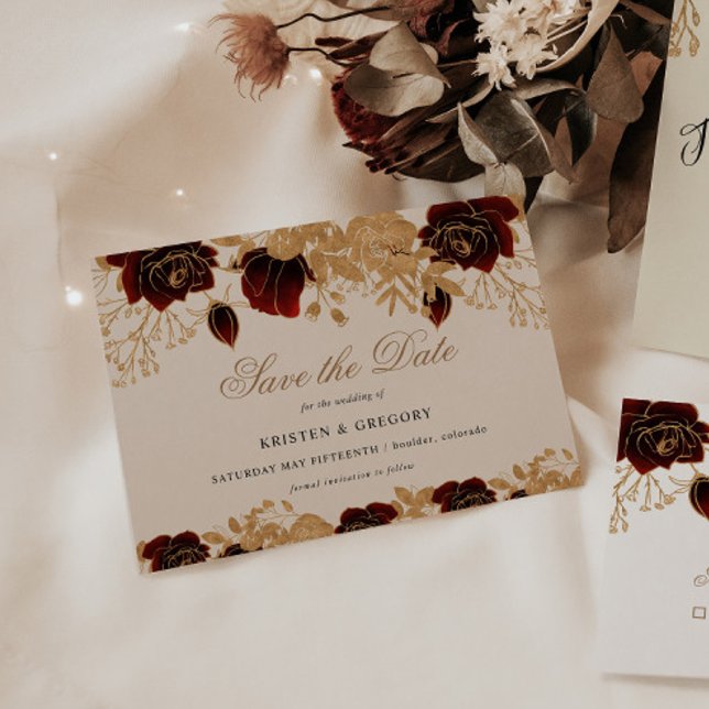 Watercolor Gold Burgundy Roses Save The Date Invitation (Creator Uploaded)