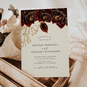 Watercolor Gold Burgundy Roses Wedding Invitation