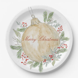 Watercolor Gold Christmas Ornament Paper Plate