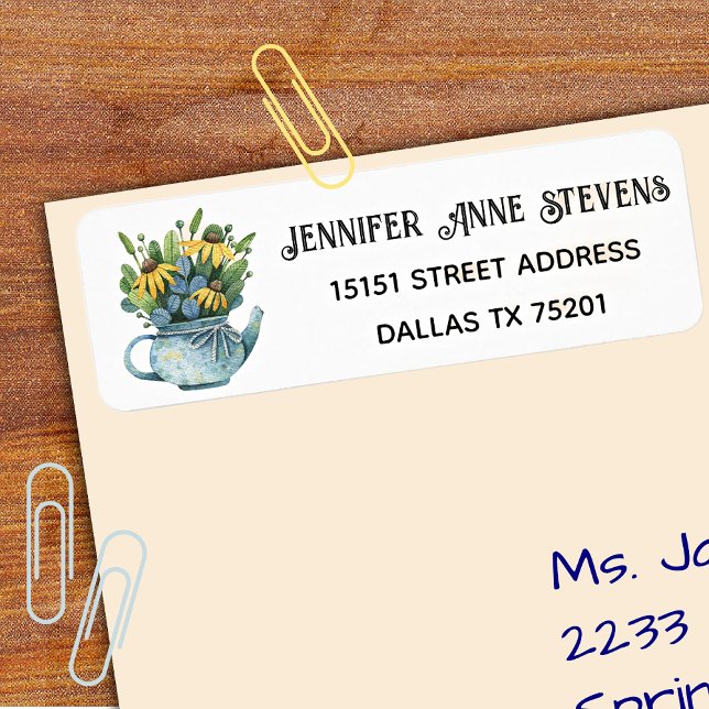 Watercolor Gold Coneflowers in Teapot, Address (Creator Uploaded)