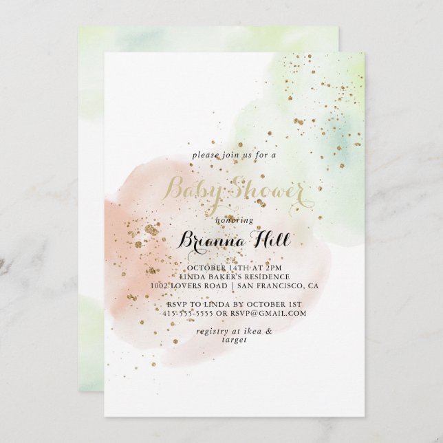 Watercolor Gold Confetti Baby Shower  Invitation (Front/Back)