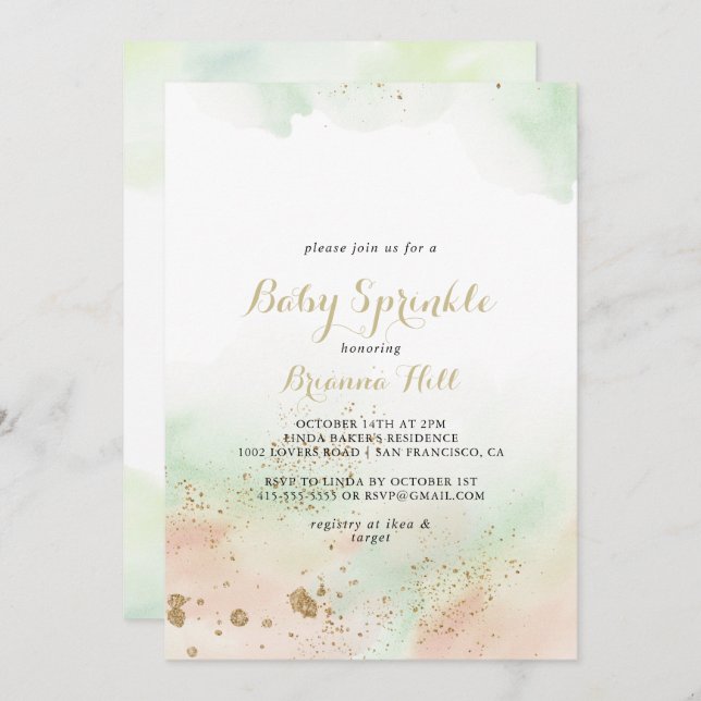 Watercolor Gold Confetti Baby Sprinkle  Invitation (Front/Back)