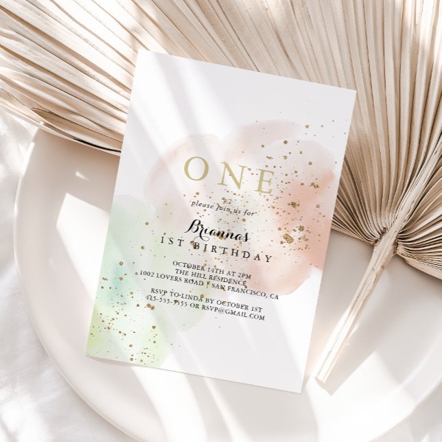 Watercolor Gold Confetti First Birthday Party  Invitation (Creator Uploaded)