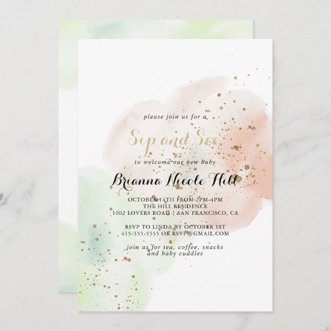 Watercolor Gold Confetti Sip and See Invitation (Front/Back)