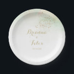 Watercolor Gold Confetti Wedding Cake  Paper Plate<br><div class="desc">This watercolor gold confetti wedding cake paper plate is perfect for a rustic wedding reception. The design features a watercolor pink,  green and white background with gold glitter confetti splash.

Make it your own by adding the names of the bride and groom and wedding date.</div>