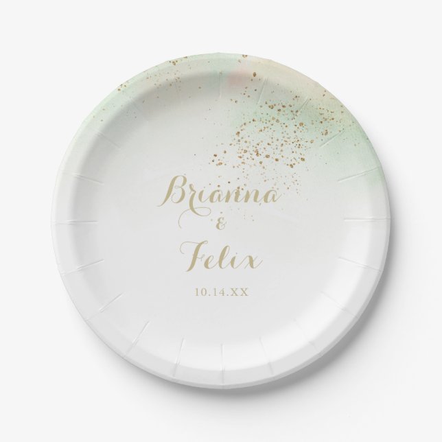 Watercolor Gold Confetti Wedding Cake  Paper Plate (Front)