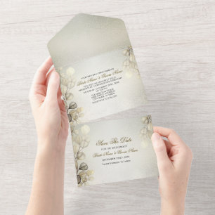Watercolor Gold Eucalyptus Foliage Wedding Shiny All In One Invitation